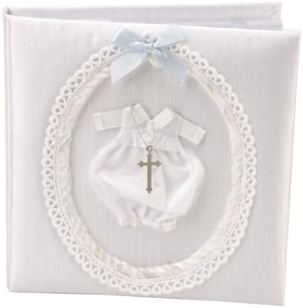 Ivory Fabric Boys Christening Day Photo Album with 3D outfit &amp; Cross