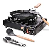 Odoland 6 pcs Camping Stove Set with Camping Cookware, Portable Butane Gas Stove, Nonstick Frying Pan, Silicone Cooking Utensils and Carry Case for Backpacking, Outdoor Camping Hiking and Picnic
