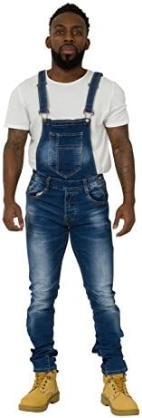 Mens Denim Bib Overalls - Slim Fit Stonewash Distressed dungarees Narrow Leg