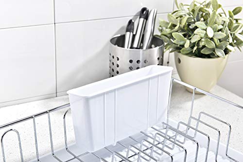 VCCUCINE Modern Kitchen White Chrome Metal Wire Dish Drying Rack, Dish Rack with Drainboard and Cutlery Cup Utensil Organizer Holder
