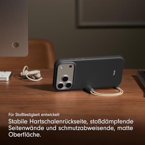 iPhone 17 Pro Max Kickstand Case mit MagSafe und Kamerasteuerung, integrierter Ständer und Trageschlaufe, Matte Außenseite mit Innenfutter aus Mikrofaser – Granitgrau