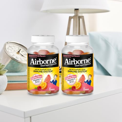 AIRBORNE 750MG VITAMIN C GUMMIES FOR ADULTS, IMMUNE SUPPORT GUMMIES WITH POWERFUL ANTIOXIDANTS VIT C & E, CAFFEINE FREE – 2X63CT BOTTLE (42 SERVINGS), ASSORTED FRUIT FLAVOR