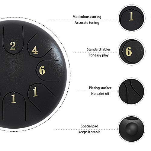 ZHRUNS Steel Tongue Drum - 8 tones 6 Inches-Percussion Instrument -Handpan Drum with Bag, Mallets, Finger Picks, Notes Stickers for Personal Meditation, Yoga, Zen (Black) - Thumbnail 4