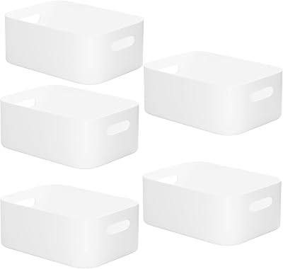 Wand & Home W&H 5 White Plastic Storage Baskets with Handles 25x17x10cm
