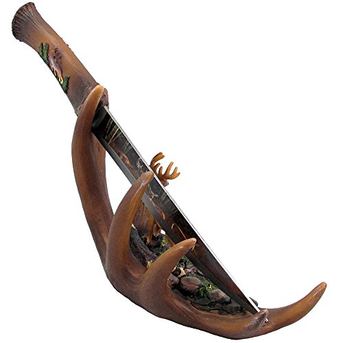 Buck Display Knife on Antler Stand with Deer Figurine and Stainless Steel Blade for Rustic Cabin & Lodge Decor Sculptures for Statues and Decorative Hunting Knives or Daggers As Gifts for Hunters and Outdoorsmen