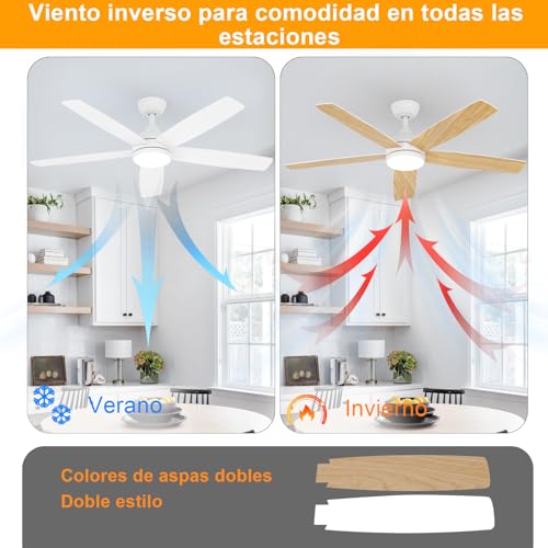 Dorlink Ceiling Fan Lamp with Remote Control, Ø132 cm, 6 Speeds, Timer, 34W DC Motor, Summer-Winter Function, Fan Lamp for Indoor Bedroom, Natural Wood Colour/White