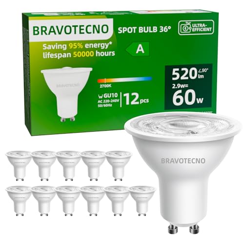 bravotecno GU10 LED Light Bulb, Energy Class A LED Warm White, 2700K 2.9W 520LM GU10 Spot Warm White Bulb Equivalent to 60 W, 36° Beam Angle, Not Dimmable, Low Heat & Durable, Pack of 12