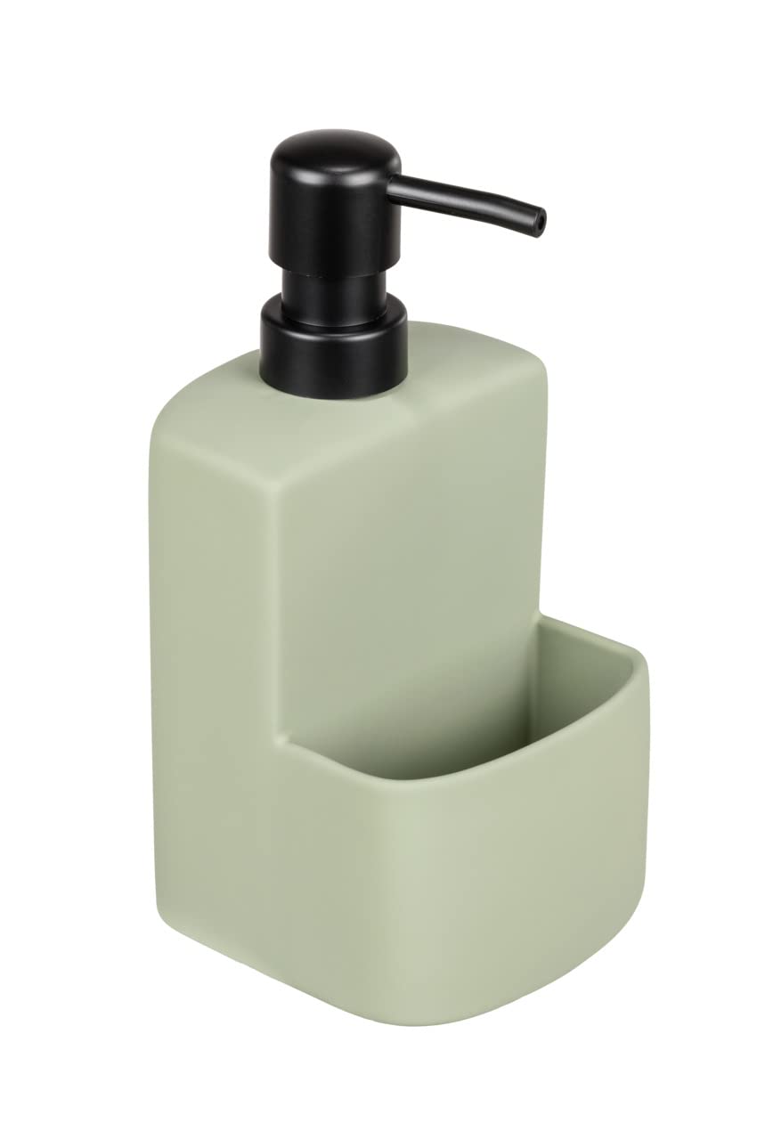 WENKO Festival Siena washing-up liquid dispenser, soap dispenser for the kitchen, high-quality ceramic with soft-touch surface, extra compartment for sponges, capacity 380 ml, 10 x 18 x 10 cm, red