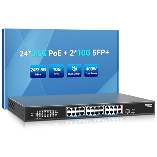 NICGIGA 24 Port 2.5G Unmanaged Switch with 24×2.5Gb Base-T PoE+ (400W) + 2x10G SFP+ Uplink, IEEE802.3af/at Ethernet Switch, Support WiFi6 AP, NAS, 4K PoE Cameras, NVR