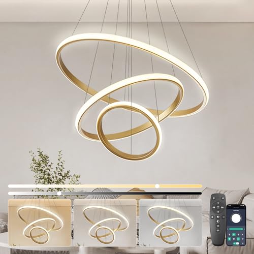 KSIBNW Chandelier LED Chandelier, Modern Chandelier Living Room Dimmable 2700K-6500K Pendant Lamp with Remote Control & APP Control 3 Rings Gold Hanging Lights Adjustable Kitchen