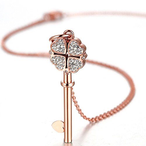 Joorria Key Pendant Necklace Stainless Steel Rose Gold Heart Clover Charm for Womens 18.1+2.2 inch Chain