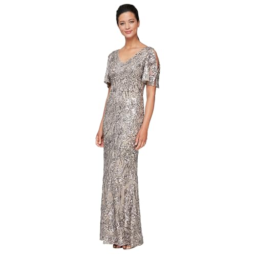 Alex Evenings Women's Long Sequin Dress with Flutter Sleeves, Mink, 18