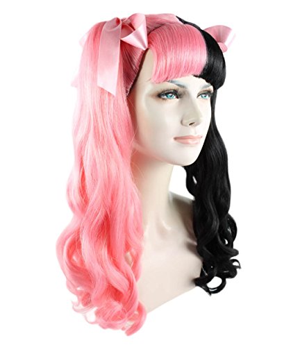 Two Tone Long Curly Ponytail Wigs with Bangs Ribbon Bows for Cosplay Halloween Party Pink and Black - Image 3