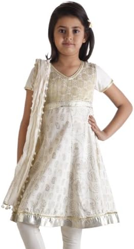 MB Girl's Indian Kurta Tunic with Silver/Gold Print and Churidar and Dupatta (Scarf)