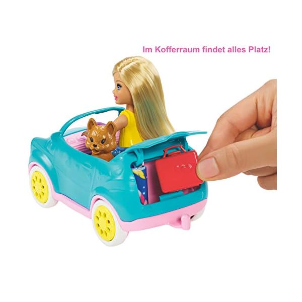 Barbie Chelsea Serie, Chelsea Auto und Camper Set mit 10+ Barbie Camping Accessoires, 1x Chelsea Puppe, Teal Auto und Pink Mini Camper, Geschenke für Kinder ab 3 Jahren,FXG90 – Bild 5