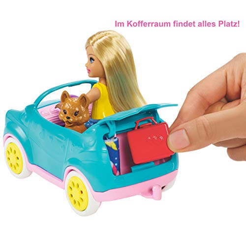 Barbie Chelsea Serie, Chelsea Auto und Camper Set mit 10+ Barbie Camping Accessoires, 1x Chelsea Puppe, Teal Auto und Pink Mini Camper, Geschenke für Kinder ab 3 Jahren,FXG90 – Bild 5