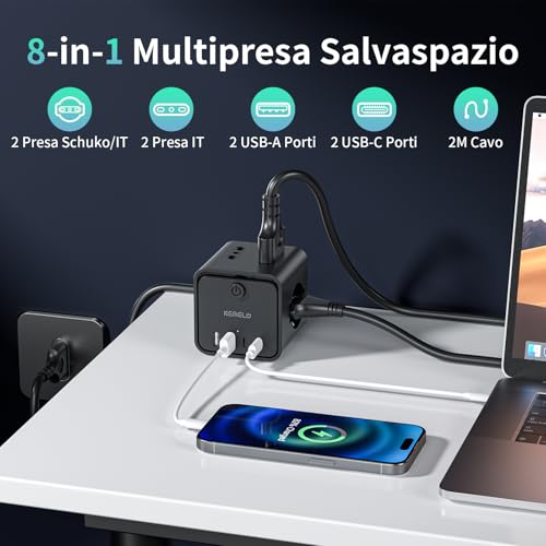 Electric Power Strip with 4 Universal Sockets 10/16A ITA and Schuko, 2 M Electrical Extension Cable with 2 USB A+2 USB C, Multiple Plug Flat Space-Saving with Switches for Home, Office, Black