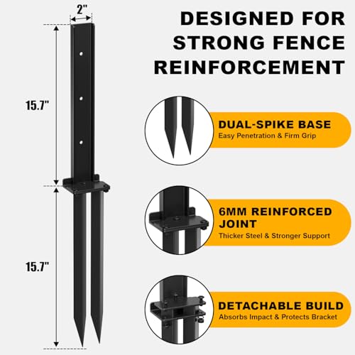 6 PCS Fence Post Repair Kit, Thickened Fence Post Repair Stakes for 4x4/6x6 Wood Posts, Heavy Duty Steel Fence Post Anchor Stabilizer for Fixing Tilted/Broken Wooden Fence Post Support