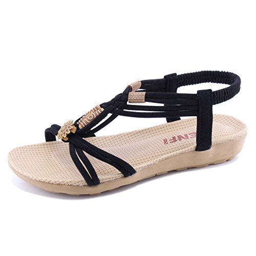 SENFI Women Summer Bohemia Elastic Strappy String Sandals,WSF01,Black,41