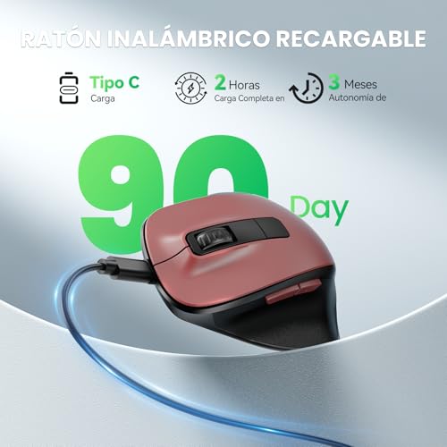 TECKNET Wireless Ergonomic Mouse, Rechargeable Bluetooth Mouse with 3 Devices (BT 5.0/3.0+2.4G), 4800DPI Silent Mouse with Thumb Rest for Laptop, Mac and PC, Red