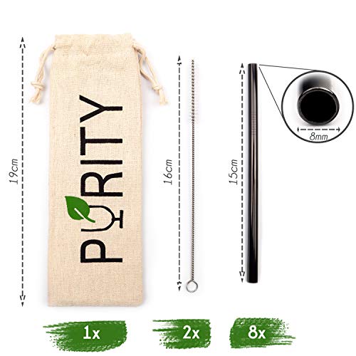 PURITY Edelstahl Strohhalme Schwarz - 15 cm kurze, extra breite Metall Trinkhalme - 8er Set + 2 Reinigungsbürsten… – Bild 3