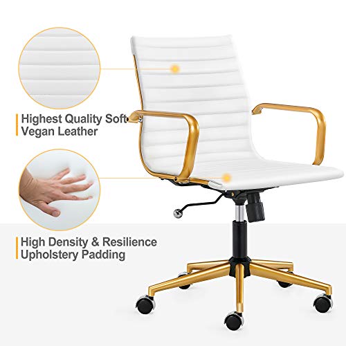 LUXMOD MidBack Office Computer Desk Chair with Armrest White and Gold Office Chair Executive
