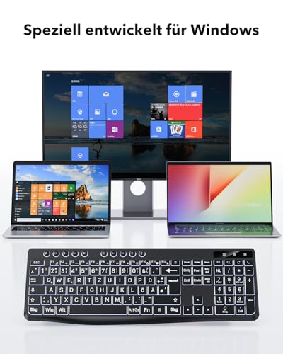 OMOTON Illuminated Keyboard, Cable PC Keyboard, QWERTZ White Illuminated with Large Pressure, 2 in 1 USB A/C for Seniors, Children, Visually Impaired for Windows with Multimedia Keys