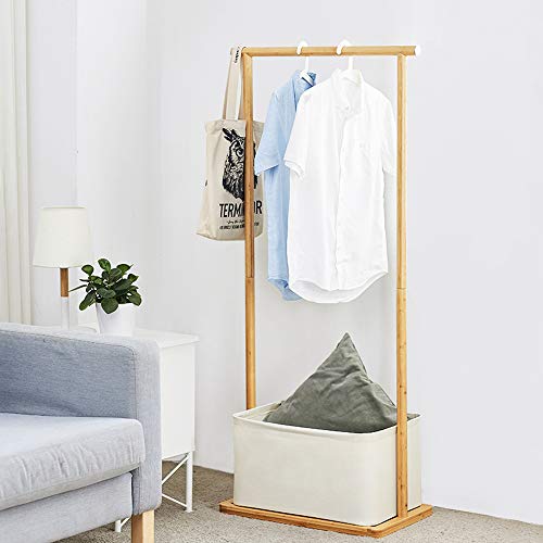 Bamboo Garment Rack Freestanding White Clothes Rack with Hamper Storage