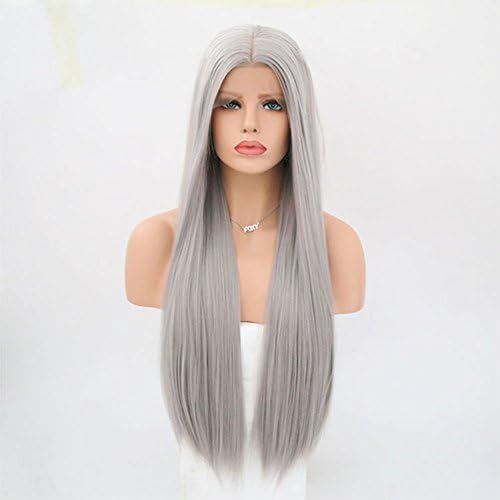Rongduoyi Long Silky Straight Gray Hair Color Synthetic Lace Front Wigs Glueless Heat Resistant For Women Natural Looking Replacement Wig 24inch