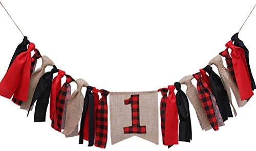 Lumberjack First Birthday Party Decoration Highchair Banner for Baby Girl Boy ，Christmas Plaid Buffalo Plaid High Chair Garland for Photo Booth Props， Red and Black Plaid Banner,Woodland 1st Birthday Party Supplies
