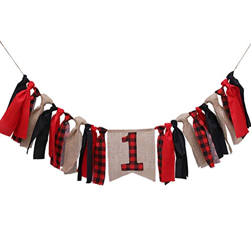 Lumberjack First Birthday Party Decoration Highchair Banner for Baby Girl Boy ，Christmas Plaid Buffalo Plaid High Chair Garland for Photo Booth Props， Red and Black Plaid Banner,Woodland 1st Birthday Party Supplies