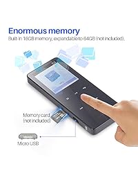 TOOBOM   Reproductor de música digital con Bluetooth, 16 GB, sin pérdida, reproductor de audio con grabadora de voz libro electrónico para caminar, botones táctiles de carcasa metálica (compatible con hasta 128 GB)