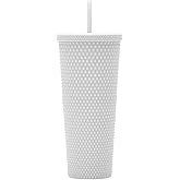 Essasea 24oz Fully Studded Tumbler.Matte White Studded Tumbler with Lid and Straw.Reusable Double Walled Insulated Travel Tumbler.Plastic Acrylic Pastel Colored Tumbler Cup for Iced Coffee Smoothie.