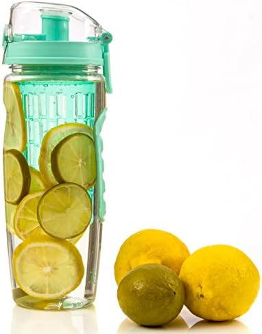 Aquamarine Fitinfuser Fruit Flavor Infuser Water Bottles | Best Infusion Water Bottle With Insulating Sleeve | Small Infusion Basket For More Fruit &amp; Ice| Mixing Ball | Leak Proof | BPA Free | 32 oz