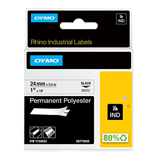 DYMO Rhino Industrie Permanente Polyesteretiketten | 24 mm x 5,5 m | Schwarz auf Weiss | selbstklebendes Schriftband | fuer DYMO Rhino und LabelManager Beschriftungsgeraet
