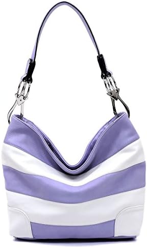 Elphis Striped Classic Shoulder Bag Hobo Bucket Day Handbag Snap Hook Purse (Lavender/White)