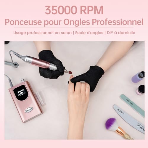 Delanie Professional Nail Sander 35000RPM Portable Rechargeable with LCD Display and 6 Sanding Bits for Pedicure Manicure, Powerful, Quiet for Salon/Home