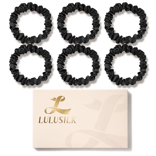 LULUSILK 6 Stück Skinny Silk Scrunchies für Haarschlaf 100% Echte Maulbeerseide Keine Beschädigung Dünne Seide Haargummis für Frauen und Mädchen Schwa