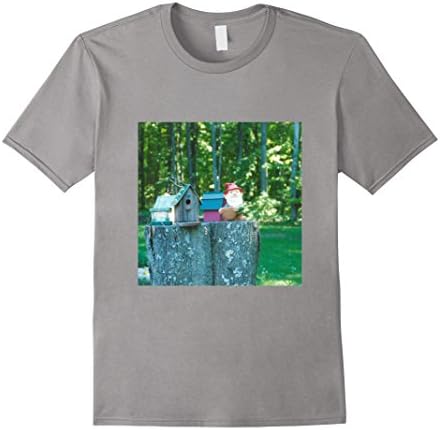 Men's Woodland Gnome Elf Sitting on a Stump Birdhouses Tee Shirt 3XL Slate