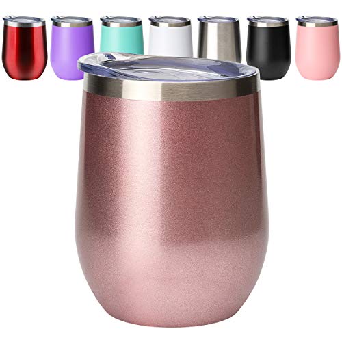 Civago Insulated Stemless Wine Tumbler Glass with Lid, 12 oz Stainless Steel Double Wall Vacuum Wine Cup for Wine, Coffee, Drinks, Champagne, Cocktails, Gifts(Rose Gold, 1 pack)