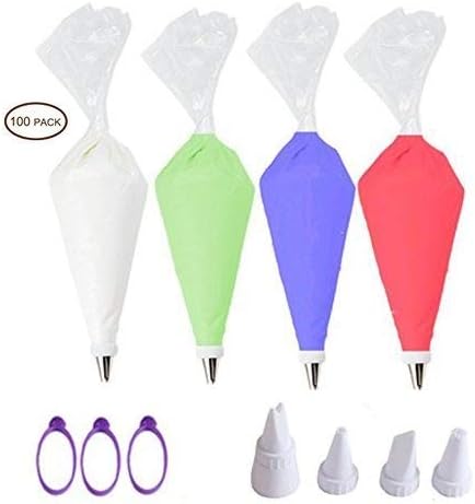 TANGCHU Bag-100 Pack-16-Inch Extra Thick Large Cake/Cupcake Decorating Disposable Icing Piping 3pcs ring and 4pcs tips, pastry bag, Clear