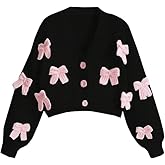 Womens Bow Cropped Cardigan Sweater Long Sleeve V Neck Button Down Chunky Knit Loose Crop Tops