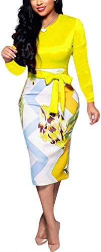 YCOOCE Womens Bodycon Pencil Dress Bowknot Waist Belt- Cute Floral Bodycon Midi Dress Wear to Work S-XXL