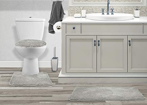 Mary 3 Piece Bathroom Rug Set, Luxury Soft Plush Shaggy Thick Fluffy Microfiber Bath Mat, Countour Rug, Toilet Seat Lid Cover, Non-Slip Rubber Back, Floor Mats Water Absorbent (Grey)