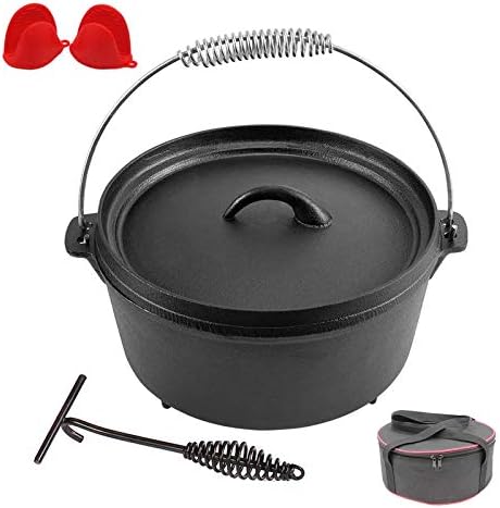 鋳鉄マルチクッカーストックポット リッドリフターハンドル付き鋳鉄ダッチオーブンプレソーニングポット キャンプクッキングまたはベーキング用のプレセーニングポット