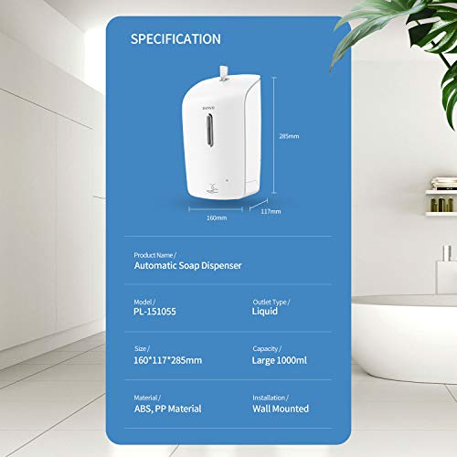 SVAVO Automatic Soap Dispenser Wall Mounted Hand Sanitizer Dispenser 33.8oz/1000ml Touchless Liquid Soap Dispenser Sensor Soap Dispenser Pump for Bathroom Kitchen Commercial