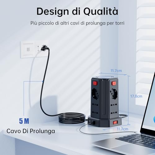 5 Metre Power Strip with 12 Universal Sockets 10/16A ITA and Schuko and 3 USB A+1 USB C Overvoltage Protection with 4 Independent Switches, Black
