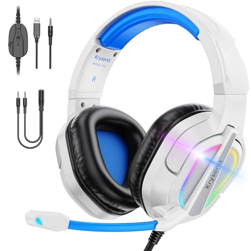 Krysenix PG2 RGB Gaming Headset für PS4, PS5, PC, Xbox,Switch,Ps5 Gaming Headset mit Mikrofon, Over-Ear Kopfhörer,Ps4 Kopfhörer mit 3,5mm Klinke,Azurblau Weiß thumbnail 1
