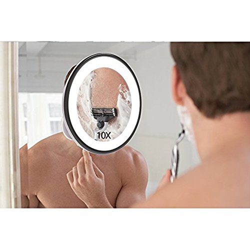 10x Magnifying Vanity Mirror LED Lighted Cosmetic Makeup Shower Mirror with Locking Suction Cup，360 Degree Swivel Rotation，Ideal for Bedroom Bathroom Travel