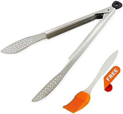 SUNUNICO Grilling Tongs -12 inches, Heavy-Duty Quality Stainless Steel Food Tongs With Free BBQ Sauce Brush, Oven Salad and Serving Tongs